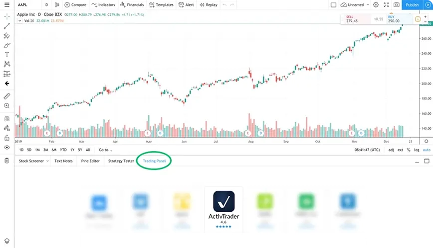 เข้าสู่ระบบ TradingView.<br />  <br />ใน "มุมมองกราฟเต็ม" ให้กดแท็บ "แผงการซื้อขาย" ที่ด้านล่างของหน้า. เลือก "ActivTrades" จากรายการ.